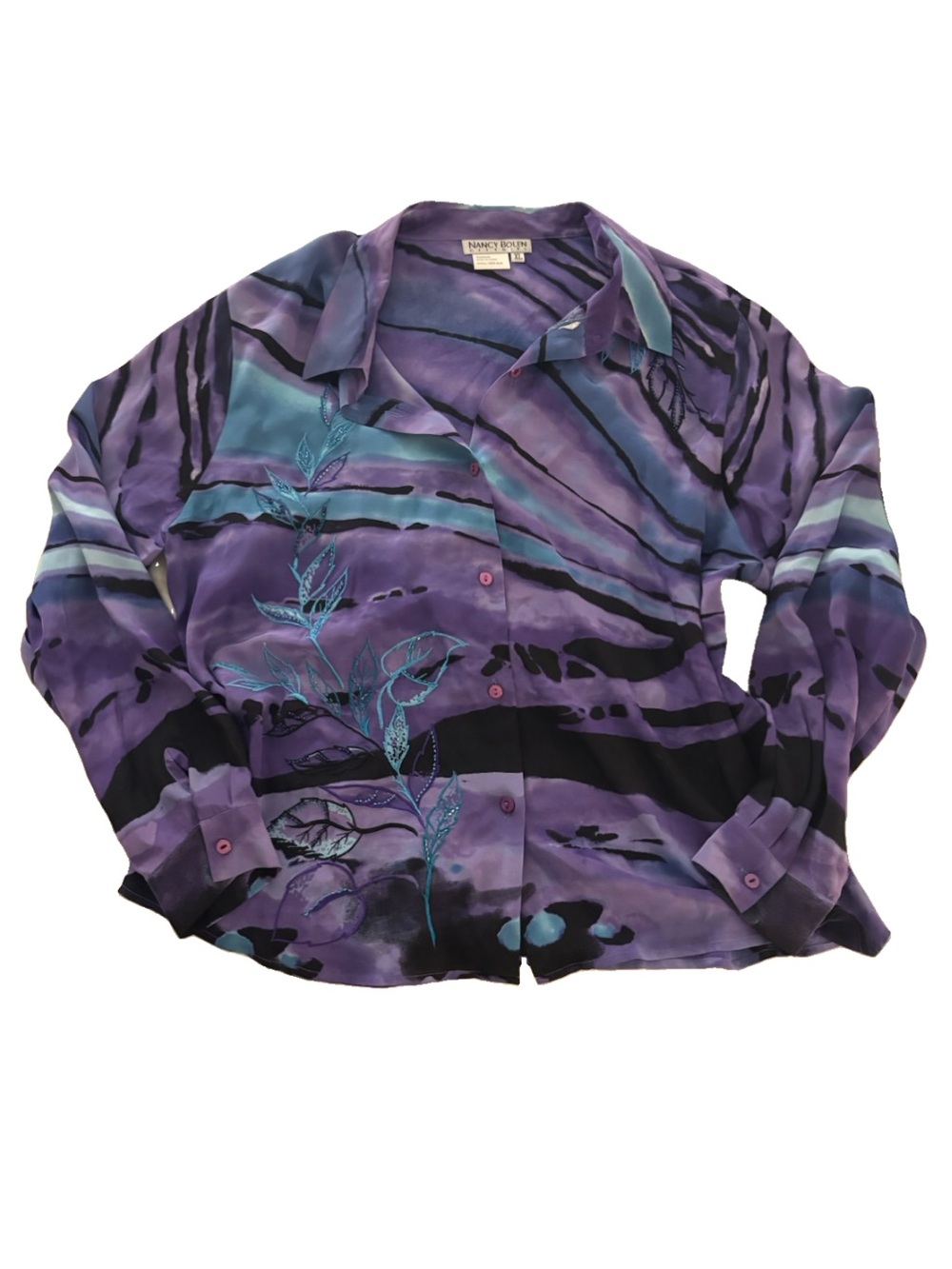 Nancy Bolen Citygirl 100% Silk 90s Abstract Vintage Button Up Embroidered/Beaded